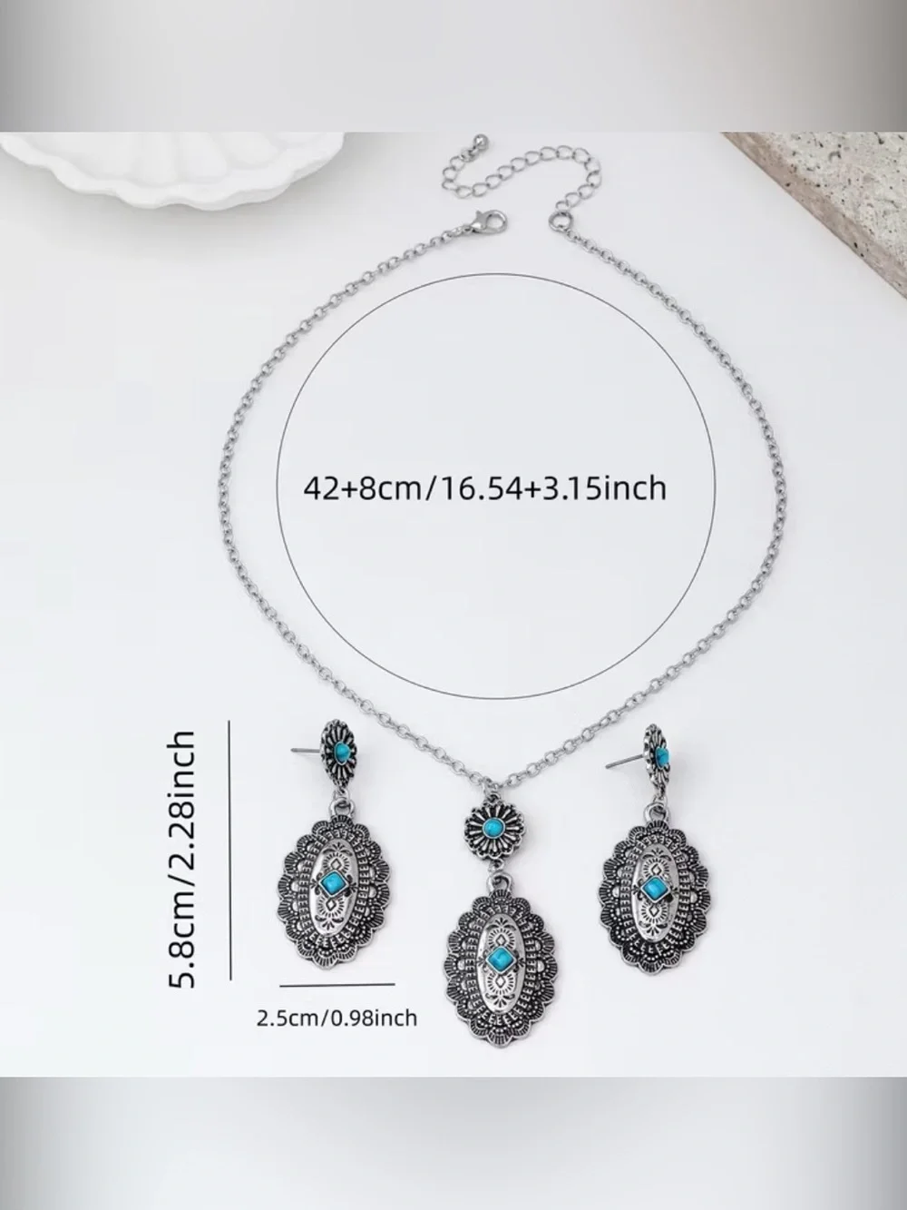 Western Set Turquoise Accent Silver-Tone Pendant Necklace & Earrings Set